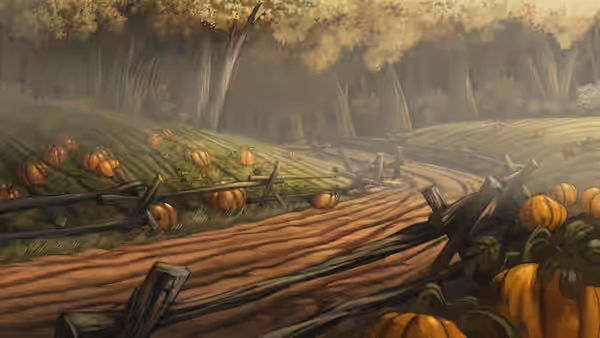Pumpkins grow in fields beside wooden fences in misty woods