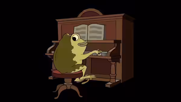 A frog sits playing an upright piano in a dark room