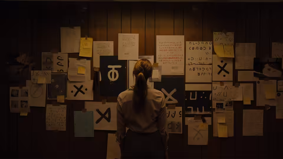A woman stands facing a wall covered in papers and symbols