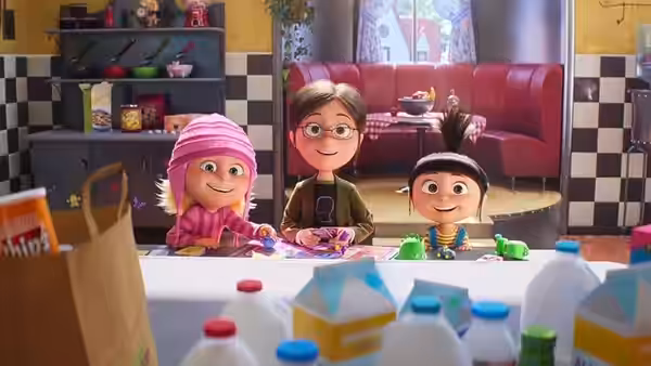 Margo, Edith and Agnes make crafts at the kitchen table