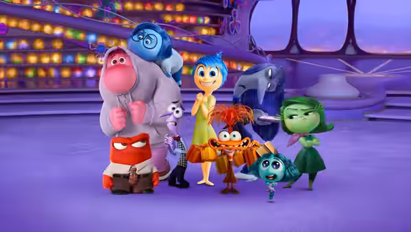 Joy, Anger, Sadness, Disgust and Anxiety standing together in a control room