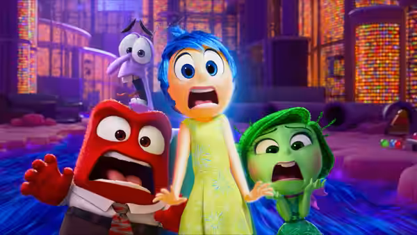 Anger, Joy and Disgust reacting with alarm in a glowing control room