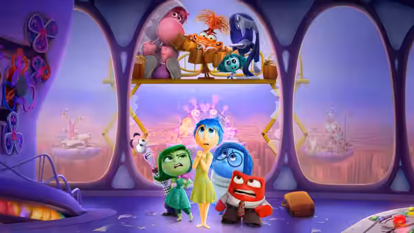 Joy, Disgust, Anger and Sadness gathered in a room overlooking a landscape