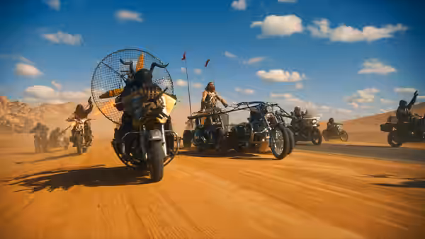 a convoy of motorcycles racing across the desert