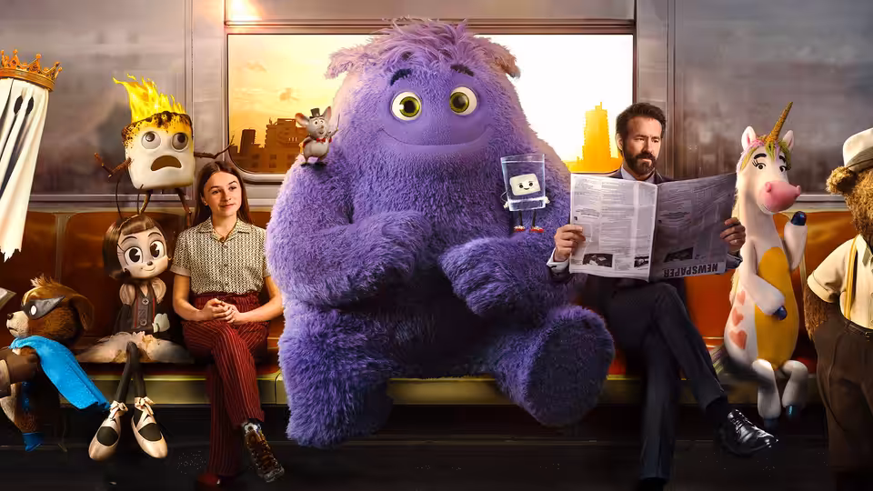 Bea (Cailey Fleming) and Cal (Ryan Reynolds) ride a subway with imaginary friends
