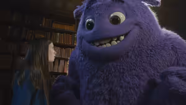 Bea (Cailey Fleming) faces a large purple imaginary friend in a library
