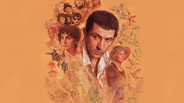 Illustrated portrait of a man surrounded by other figures and flowers