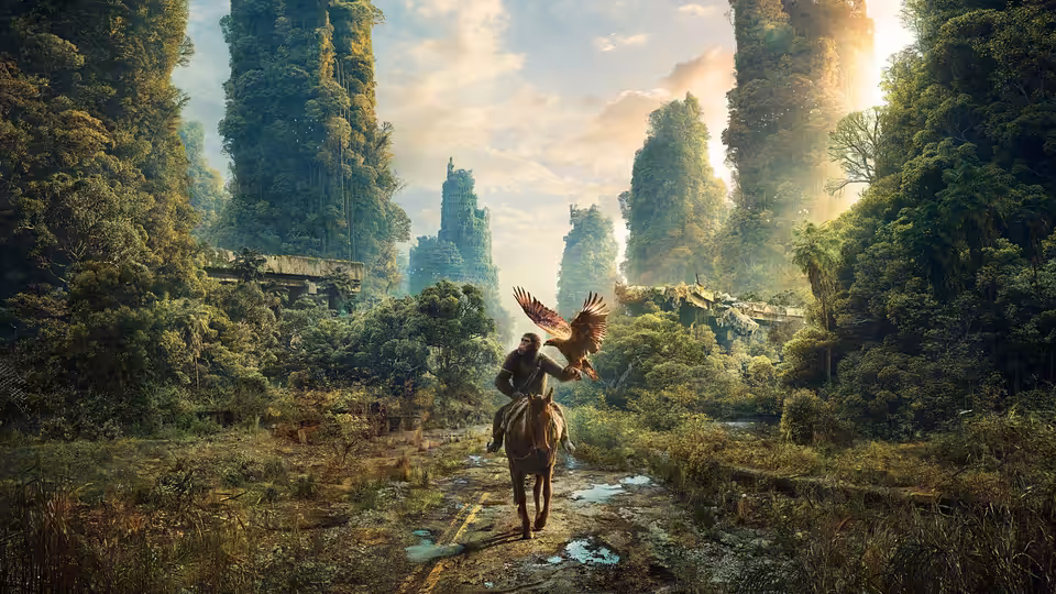 An ape rides a horse through lush overgrown ruins with an eagle nearby