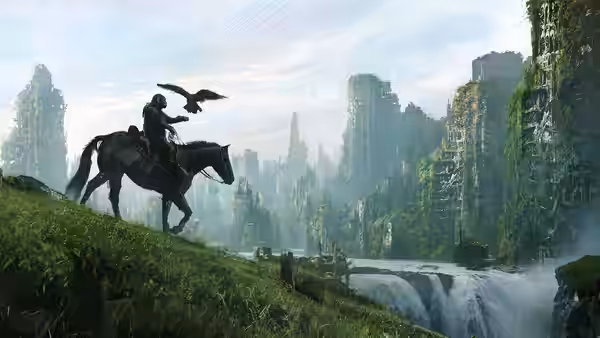 An ape on horseback overlooks a waterfall amid towering ruined structures with an eagle