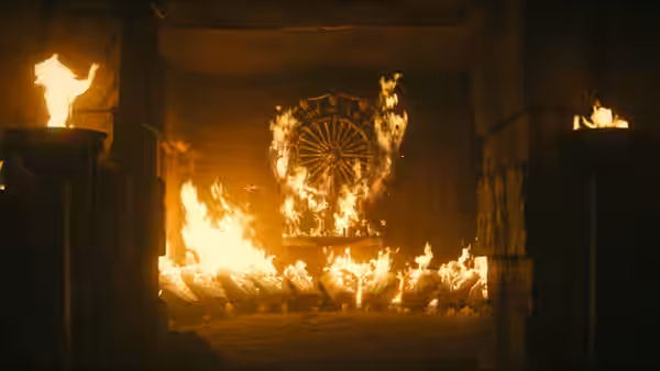 flames engulf a large wheel and steps inside a stone structure