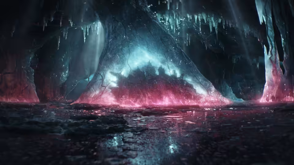 vast underground cavern with pink and blue glowing lights on wet rock