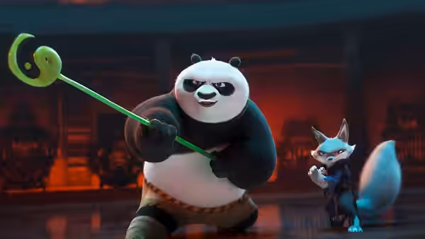Po (Jack Black) grips a green staff while Zhen (Awkwafina) stands nearby