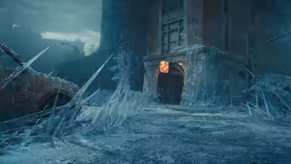 A building facade and street lie encased in thick jagged ice under gray skies