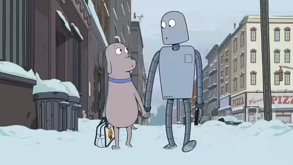 Dog and Robot holding hands while walking on a snowy city street