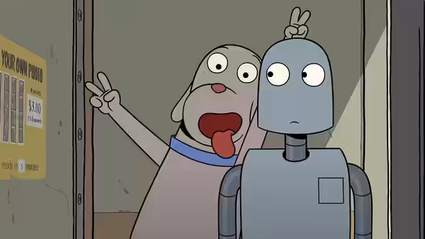 An anthropomorphic dog and a robot making peace signs in a doorway
