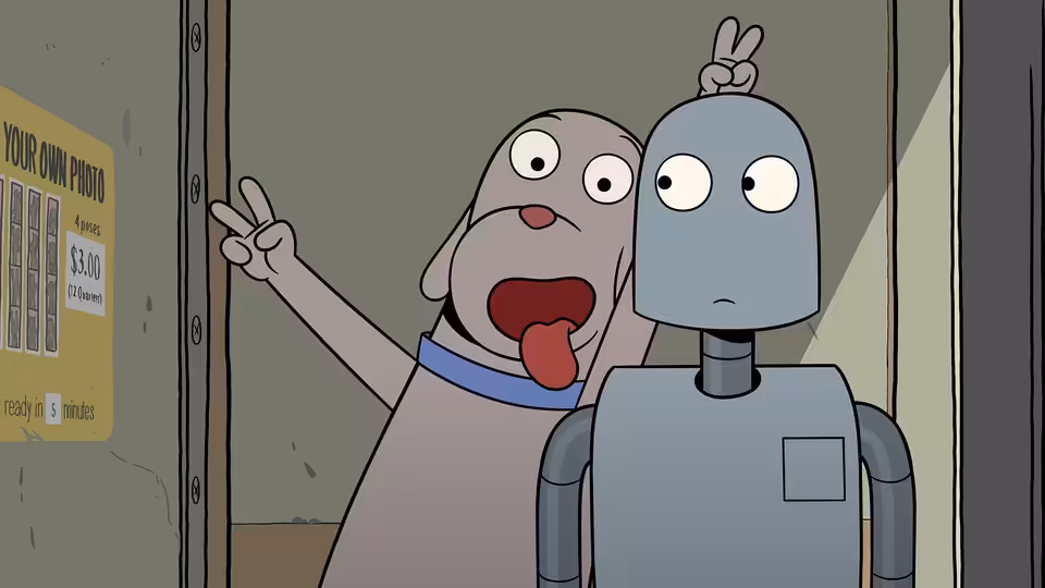 An anthropomorphic dog and a robot making peace signs in a doorway