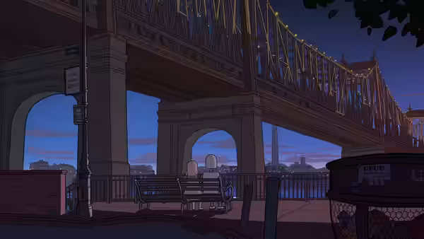 Dog and Robot sitting side by side on a bench under a bridge