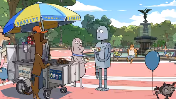 Dog ordering at a hot dog cart while Robot waits nearby in a park