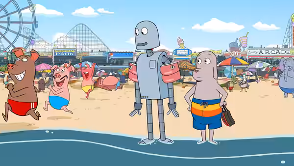 Robot and Dog standing on a sunny beach crowded with animal characters