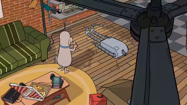Dog standing over the disassembled Robot lying on a living room floor
