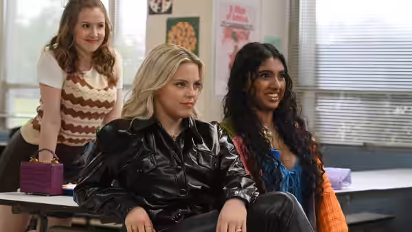 Three girls sit at desks in a classroom with one standing behind