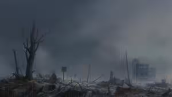 destroyed buildings and debris in a ruined city under dark clouds