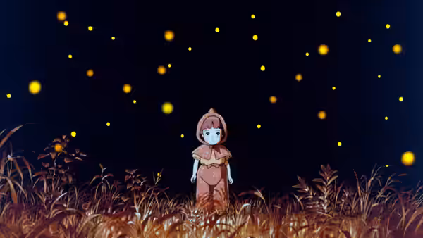 Setsuko (Ayano Shiraishi) standing among tall grass under glowing fireflies