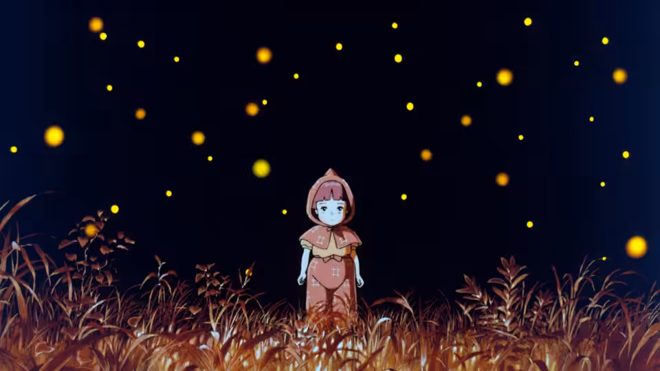 Setsuko (Ayano Shiraishi) standing among tall grass under glowing fireflies