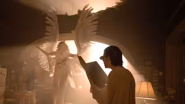a winged angel stands before a man reading from an open book
