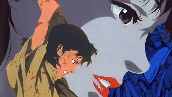 Bloodied man looks up at a giant face of a woman in blue
