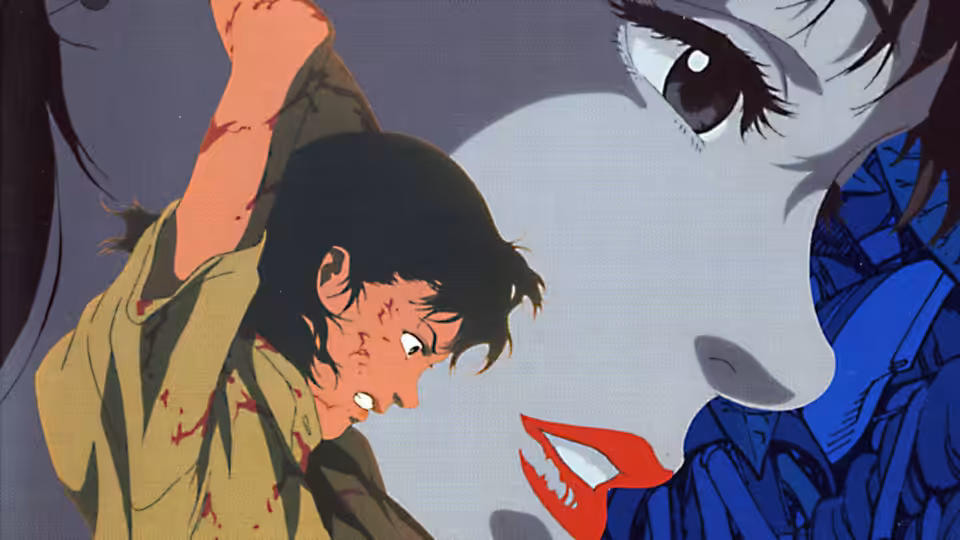 Bloodied man looks up at a giant face of a woman in blue