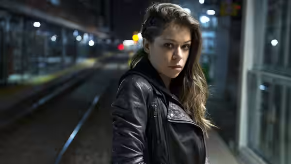 Sarah (Tatiana Maslany) standing on a train platform looking toward the camera