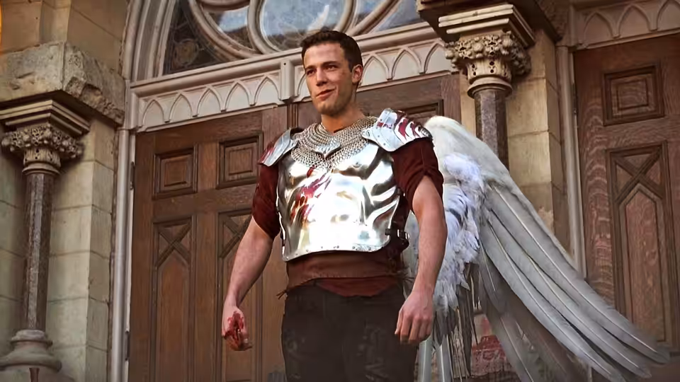 Bartleby (Ben Affleck) with large wings and armor stands before wooden doors