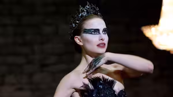 Black Swan (Natalie Portman) in feathered costume against brick wall