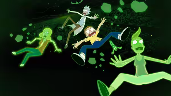 Rick and Morty floating among glowing green figures in dark space