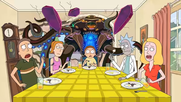 Rick Morty Beth Summer and Jerry at table as monster bursts through portal