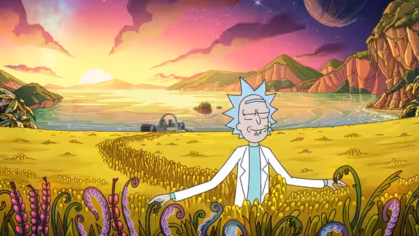 Rick standing with arms outstretched in alien field at sunset