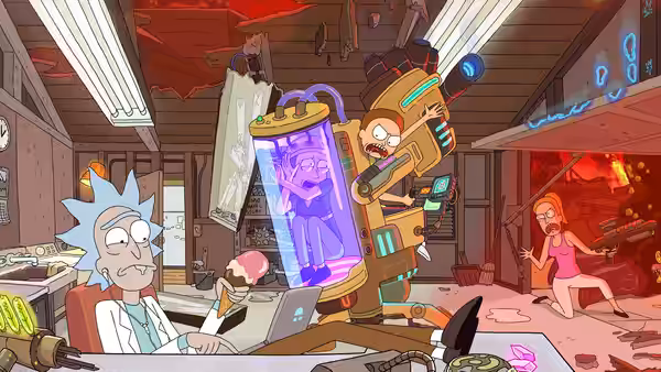 Rick at desk while robot holds Morty inside glowing purple tube
