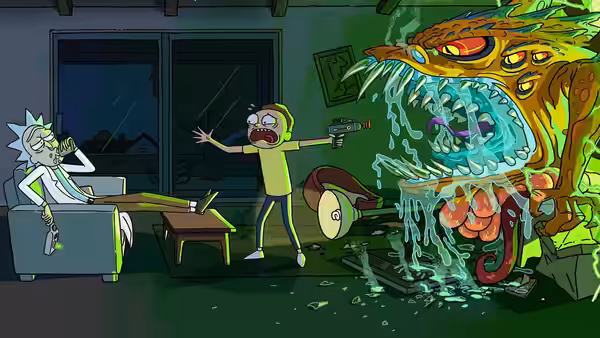 Rick on couch as Morty confronts large dragon creature with gun