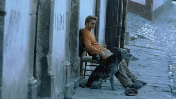 Jerry (Brad Pitt) sits on a chair beside a large dog on a cobblestone street