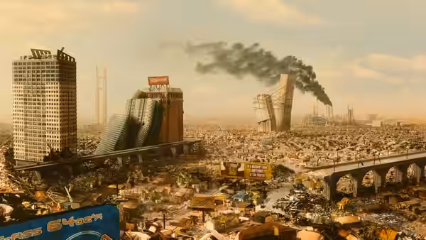 A ruined cityscape filled with collapsed buildings and smoke rising from distant fires