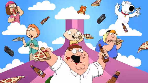Peter Griffin floating in the sky surrounded by pizza and beer