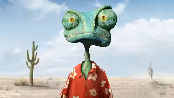 Turquoise chameleon in red floral shirt standing in arid desert landscape