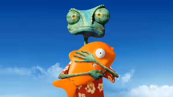 Chameleon holding orange fish against clear blue sky background