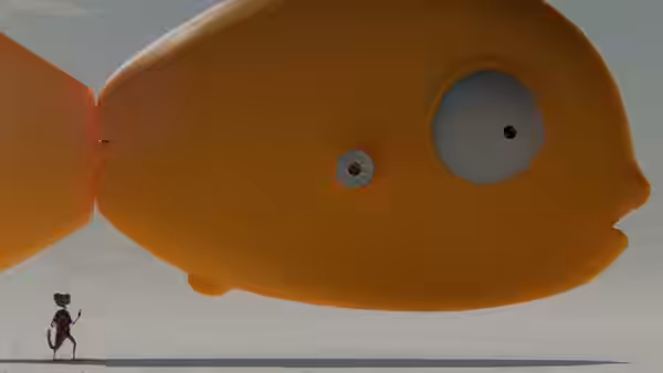 Small lizard facing large orange fish on flat sandy ground