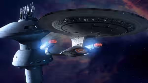 USS Enterprise-D near a space station against colorful nebula