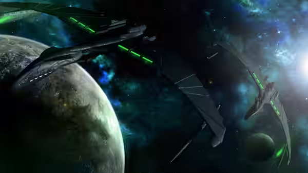Several spacecraft fly past a planet amid stars and nebulae