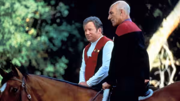 Captain Jean-Luc Picard (Patrick Stewart) riding horseback beside another officer