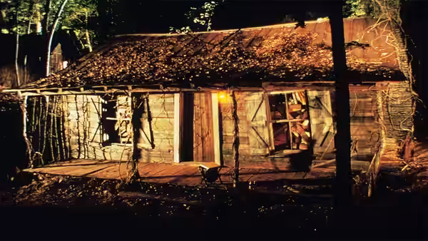 Wooden cabin with mossy roof and lit window at night