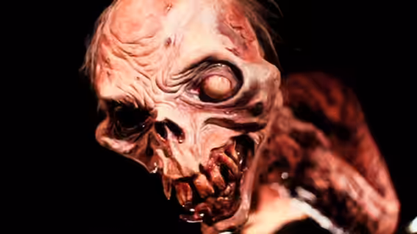 Decayed face with one eye and bared teeth in close-up